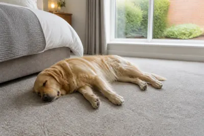 Golden retriever asleep on a clean fitted carpet